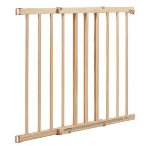 Best Baby Gate Top of Stairs: Evenflo Extra Tall Top-of-Stair Gate shown in wood
