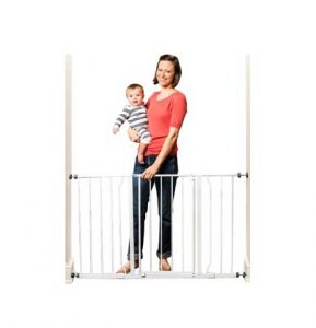 Extra Wide Baby Gates: Regalo Easy Open shown with a mother holding a baby