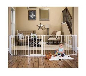 Extra Wide Baby Gates: Regalo 192-Inch Super Wide Gate/Play Yard shown in a living area with child playing close by
